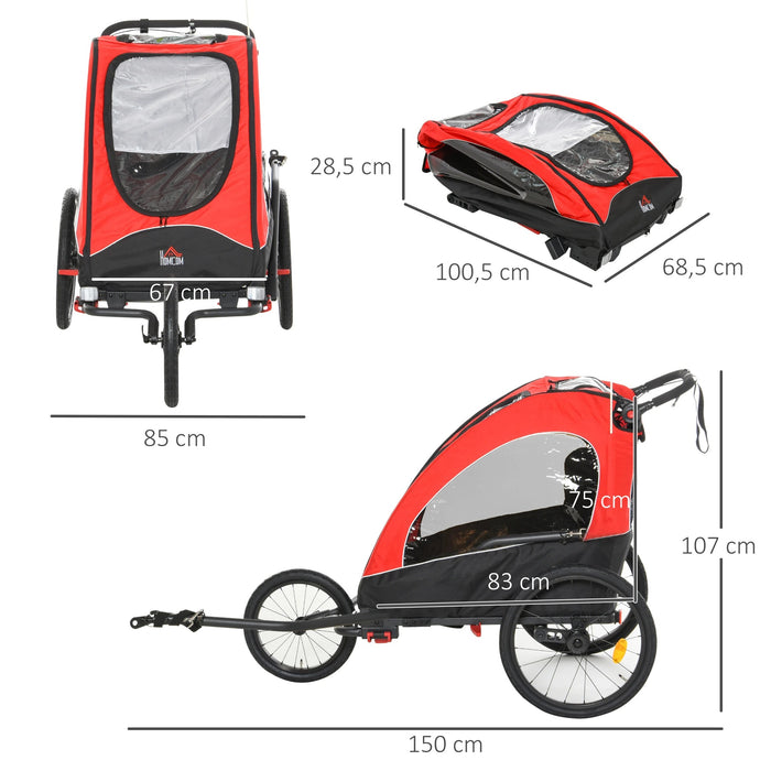 3 en 1 remorque de vélo de remorque pour 2 enfants avec drapeau, 150x85x107cm