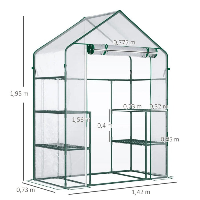 Foliengewächshaus begehbares Gartenhäuschen Tomatengewächshaus Treibhaus Frühbeet mit 6 Regalen Transparent Stahl PVC-Kunststoff 142x73x195cm