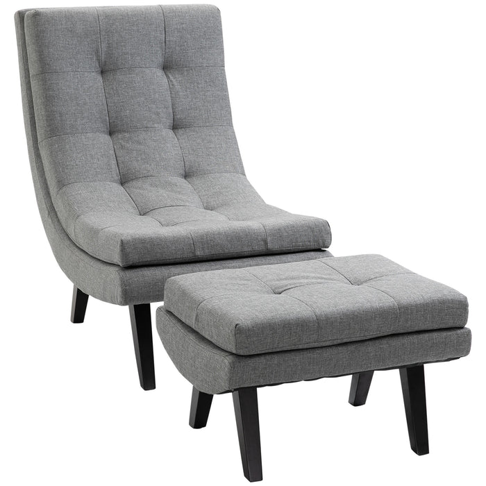 Fauteuil avec tabouret à pied détendu chaiselongue en caoutchouc des jambes en bois gris, 65x100x84cm