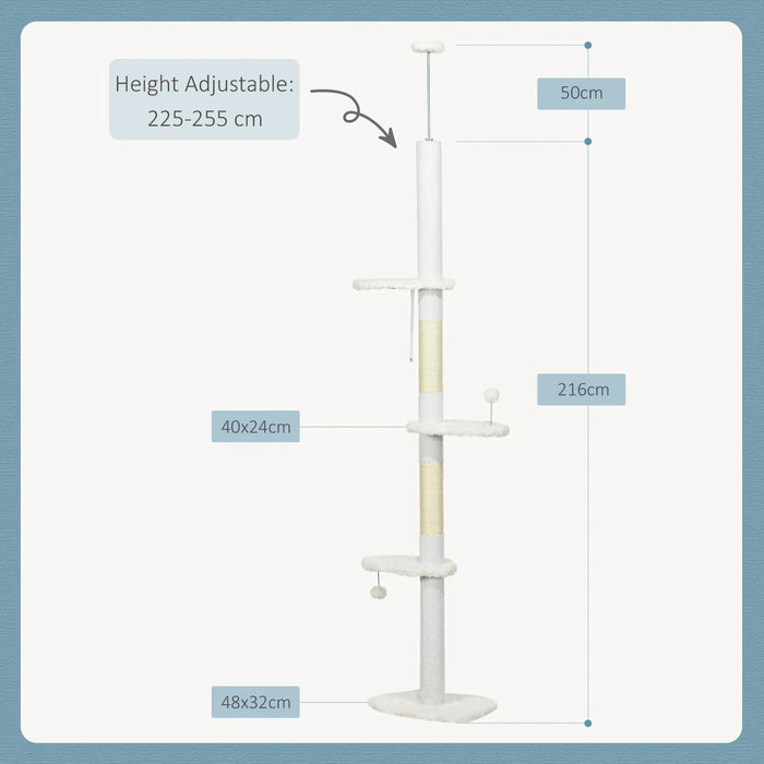 Post di graffi alti con soffitto, piattaforme di sedute, protezione dell'inclinazione, palline di gioco, altezza variabile 225-255 cm