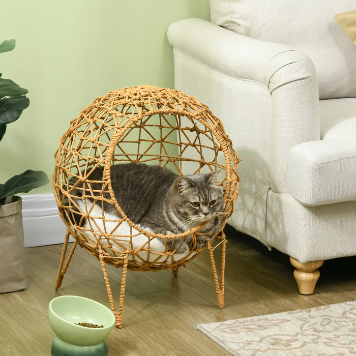 Panier de chat en rotin, lit de chat avec oreiller accrue design lit pour animaux de compagnie brun Ø45x57hcm