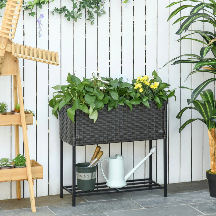 Poly Rattan Hochbeet Blumenkasten mit Füßen Blumentopf mit Ablage Mischbraun, 70x30x70cm