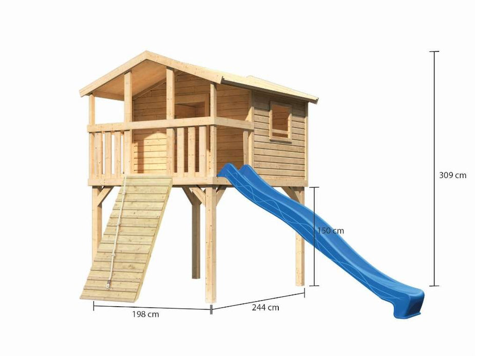 Stelzenhaus «Ben» Natural Wood Ramp et Slide Bleu, 198x244x309cm (BXTXH)