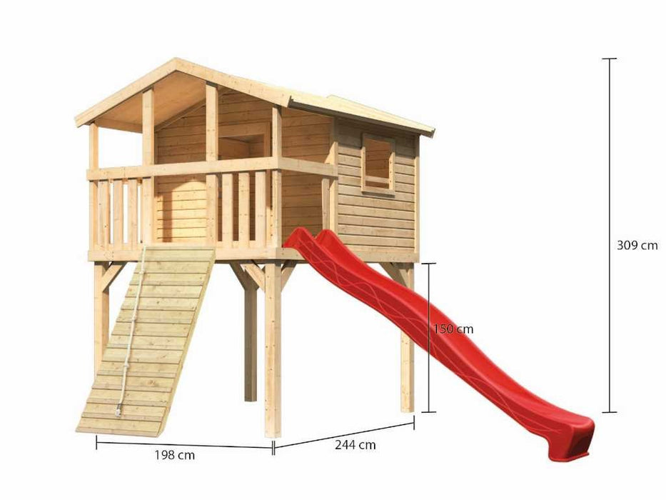 Stelzenhaus «Ben» Natural Wood Ramp et Slide Bleu, 198x244x309cm (BXTXH)