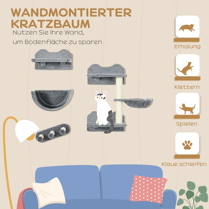 Ensemble de mur d'escalade pour les chats, le hamac, la planche à gratter, les plates-formes de saut, la peluche, la sisal, le gris