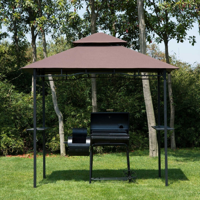 Grillpavillon Gartenzelt Grill Pavillon Balkonpavillon mit Ablagen Flammhemmendes Doppeldach Kaffeebraun, 245x148x252cm