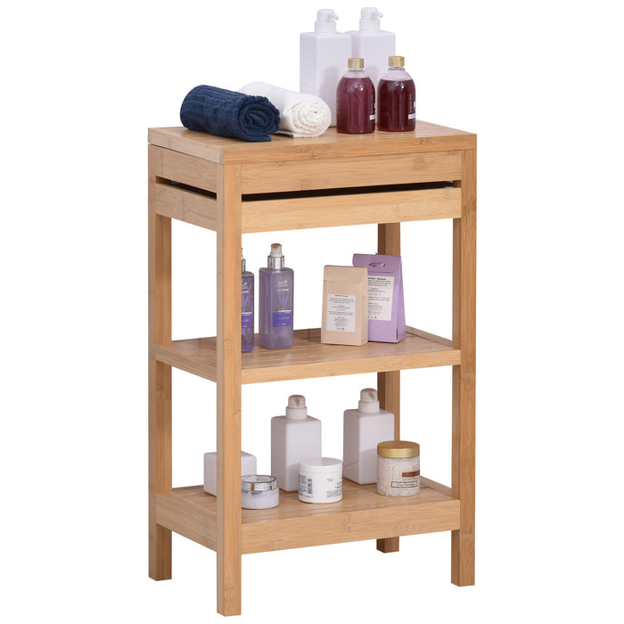 Bathroom shelf, with a hinged lid, bathroom standing shelf with 2 shelves, bamboo, nature, 46x29.5x76.5cm