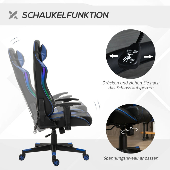 Bürostuhl LED Gaming-Stuhl mit Armlehne ergonomisch mit Liegefunktion Kunstleder Schwarz + Blau, 70x57,5x126-136cm