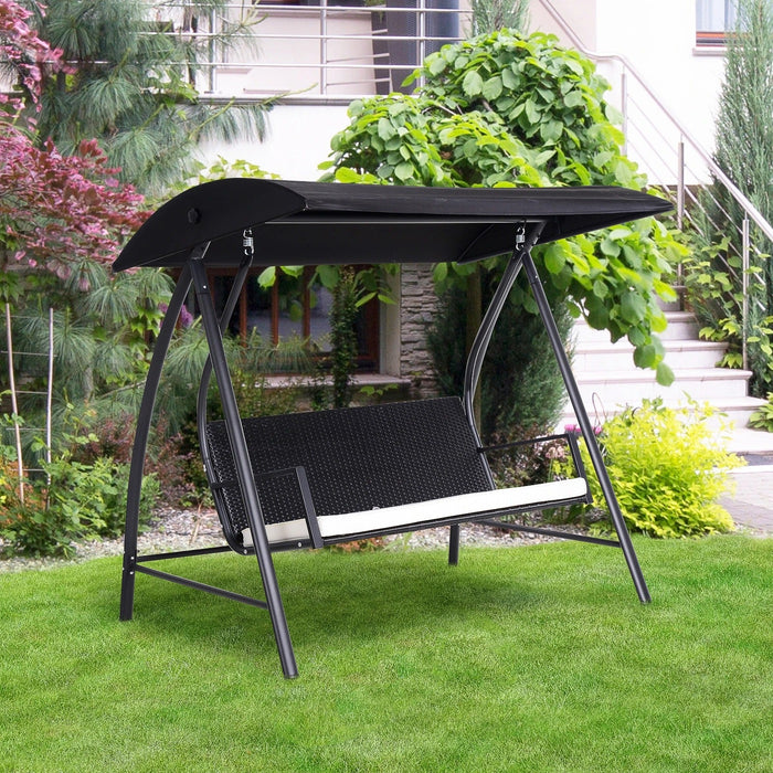 Hollywoodschaukel 3-Sitzer mit Dach Gartenschaukel Polyrattan+Metall Schwarz, 198x124x179cm