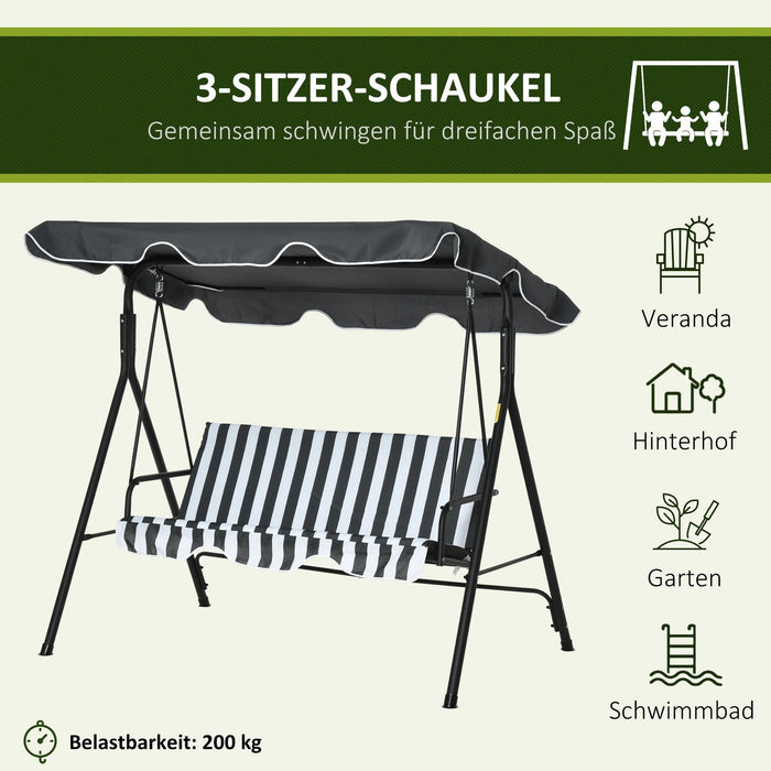 Hollywoodschaukel Gartenschaukel Schaukelbank 3-Sitzer mit Dach Stahl Grau+weiß, 172x110x153cm