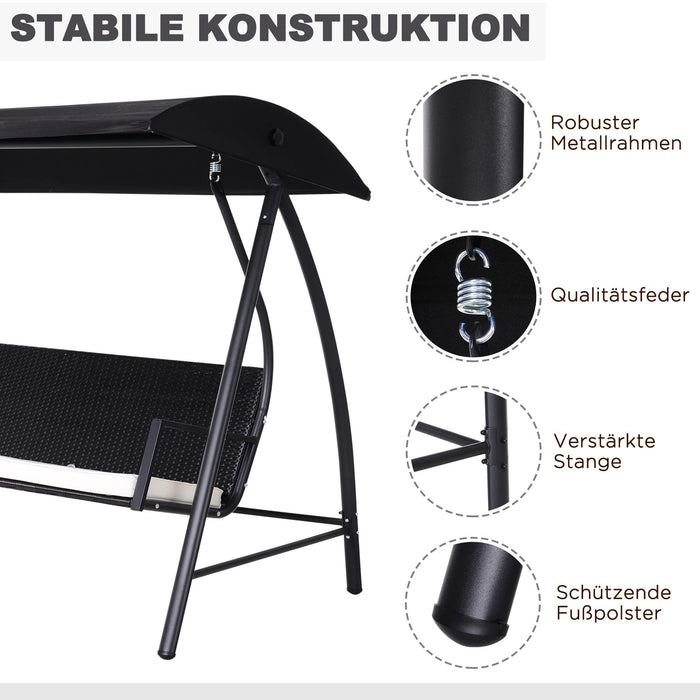 Hollywoodschaukel 3-Sitzer mit Dach Gartenschaukel Polyrattan+Metall Schwarz, 198x124x179cm