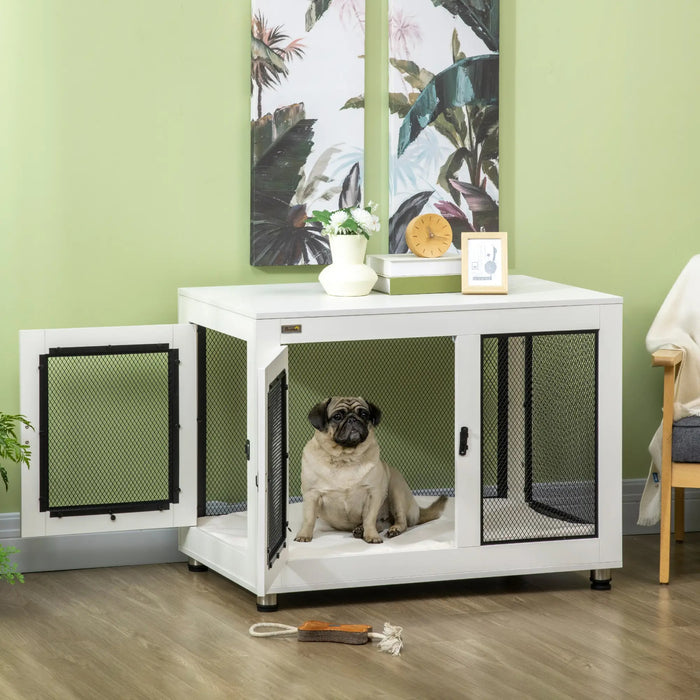 Boîte de chien avec tapis doux blanc verrouillable, 94x60x71.5 cm