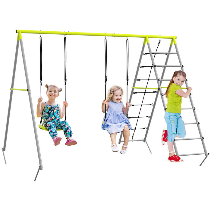 Ensemble de swing pour enfants, avec réseau d'escalade et chefs de la chute, pour les enfants de 3 à 8 ans, cadre en acier, vert