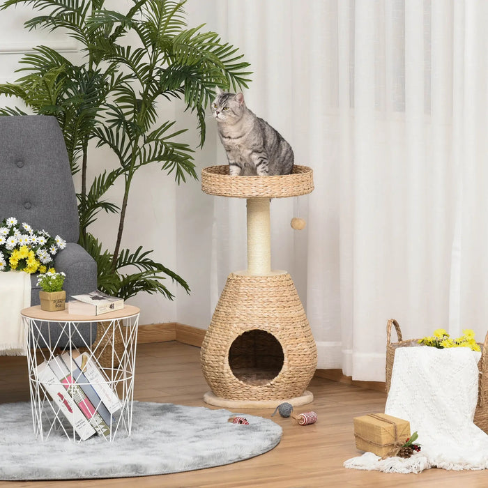 Scratching Post avec chat à balle creux jouet sisal moelleuse moelleuse, jaune, hauteur 82,5 cm