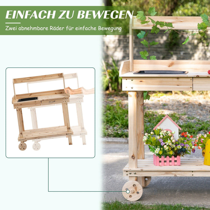 Pflanztisch mit Schublade 2 Stufen Gärtnertisch mit waschbecken und Rollen Garten Tannenholz Natur, 92x45x119cm