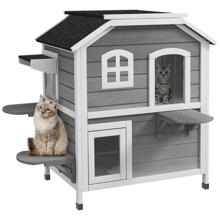 Cat house with asphalt roof, stairs, 2-floors, waterproof, garden, gray, 78x55.5x91cm