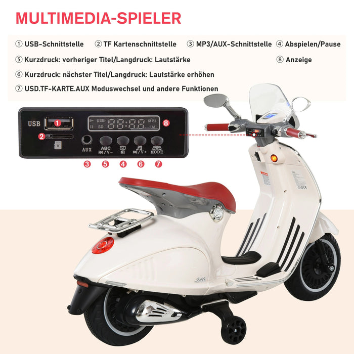 Vespa Children's Motorcycle, Motorcycle électrique avec éclairage de musique MP3, 3-6 ans, PP, blanc, 108x49x75cm