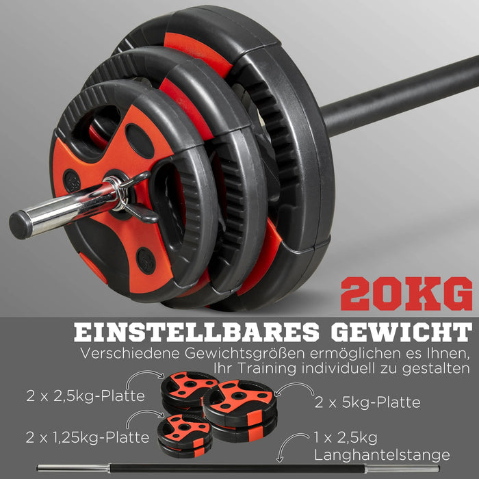 Lang Dumbbell Set 20 kg, y compris 6 tranches d'haltères, canne non glissée, noir + rouge