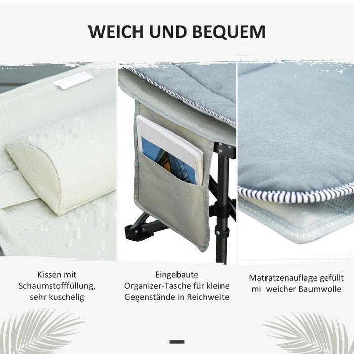 Campingbett klappbar Feldbett Klappbett mit Kopfkissen Seitentasche Matratze Gästebett bis 150kg belastbar Reisen Outdoor Oxford Hellgrau 188x64,5x53cm