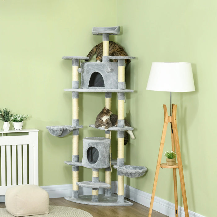 Stratching Post avec 2 hamacs et 2 grottes de chat, y compris les jouets en peluche de sisalsile gris clair