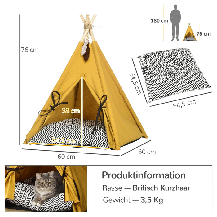 Tierbett, Tipi-Design, mit weichem Liegekissen, für Hunde und Katzen, 60x60x76cm