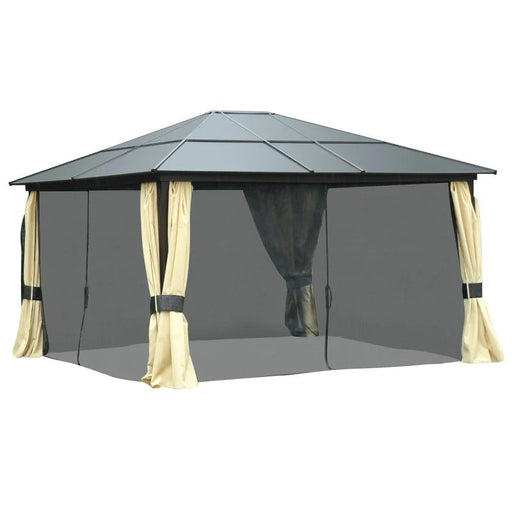 Hardtop-Gartenpavillon 4,2x3,6m, Vorhänge mit Fliegennetz, Alugestell, Braun+Creme