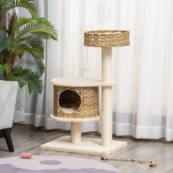 Grattant avec plate-forme, arbre grimpant avec une grotte de chat, balles de jeu, sisal, natur + beige, 95 cm de hauteur