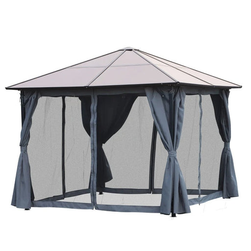 Pavillon mit Polycarbonatdach, Vorhänge mit Fliegennetz, Alugestell, dunkelgrau, 3x3m