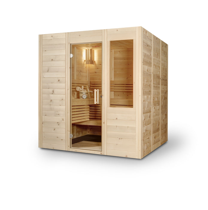 Sauna en bois massif pine suisse, Vénus "moyen-taille" - 130x130 cm jusqu'à 190x190cm - adaptable individuellement