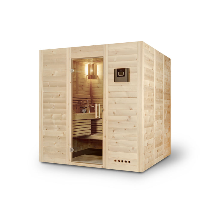 Sauna en bois massif pine suisse, Vénus "moyen-taille" - 130x130 cm jusqu'à 190x190cm - adaptable individuellement