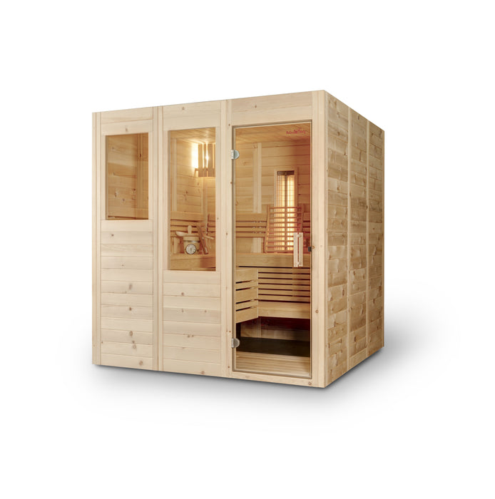 Sauna en bois massif pine suisse, Vénus "moyen-taille" - 130x130 cm jusqu'à 190x190cm - adaptable individuellement