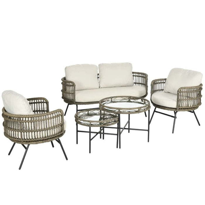 Gartenmöbel-Set für 4 Personen aus PE-Rattan, 2 Sessel, 1 Sofa, 2 Beistelltisch, Boho-Stil, Braun+Grau