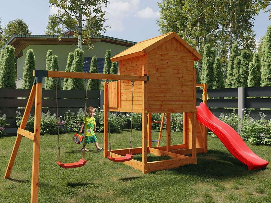 Play Tower 'Stars L', y compris le double swing et le glissement rouge, 488x332x280cm (bxtxh)