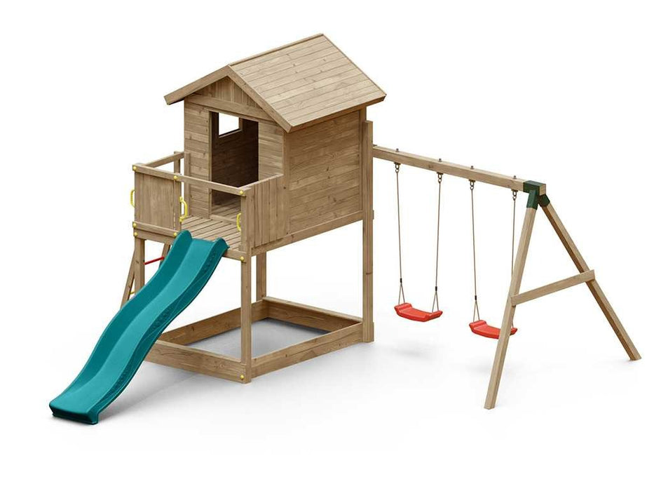 Torre da gioco 'UNIVERSE S' incl. doppia altalena e scivolo turchese, 400x489x280 cm (LxPxA)