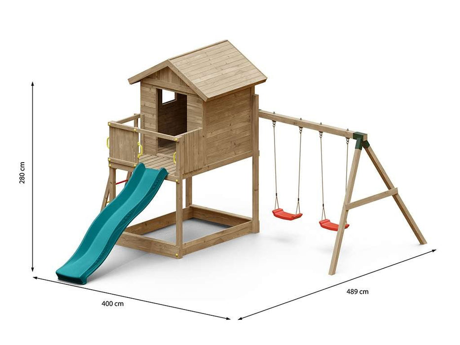 Torre da gioco 'UNIVERSE S' incl. doppia altalena e scivolo turchese, 400x489x280 cm (LxPxA)