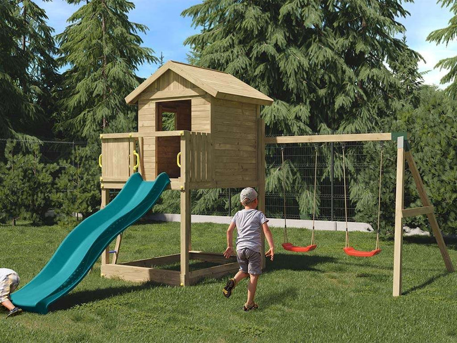 Torre da gioco 'UNIVERSE S' incl. doppia altalena e scivolo turchese, 400x489x280 cm (LxPxA)