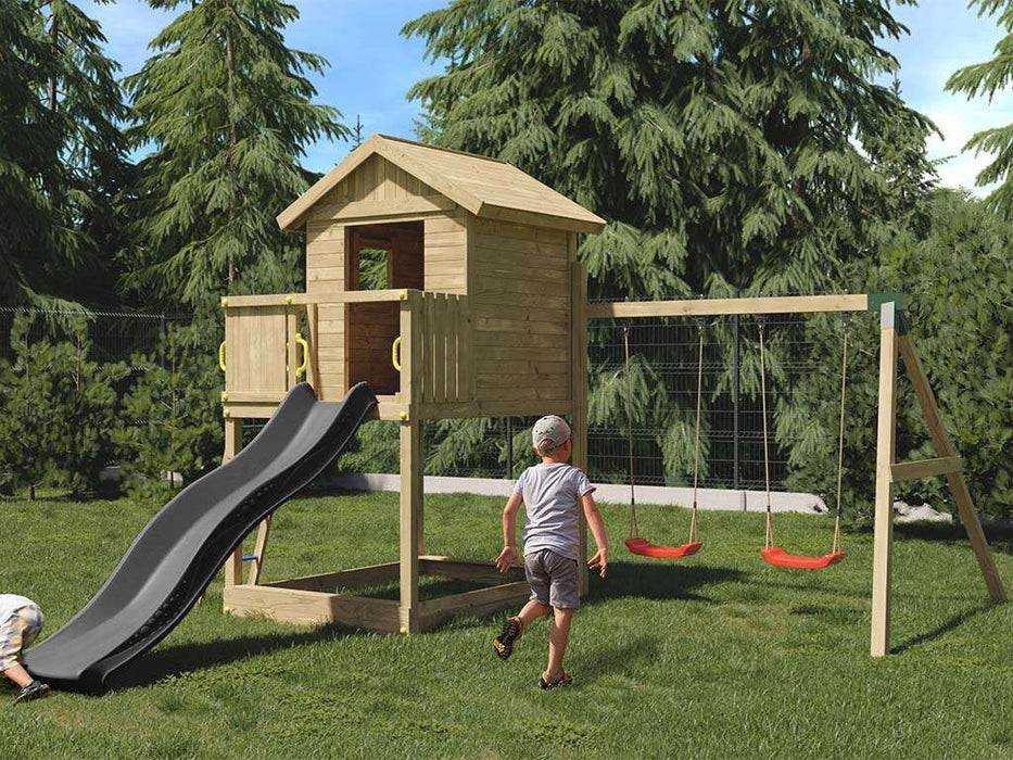 Torre da gioco 'UNIVERSE S' incl. doppia altalena e scivolo grigio, 400x489x280 cm (LxPxA)