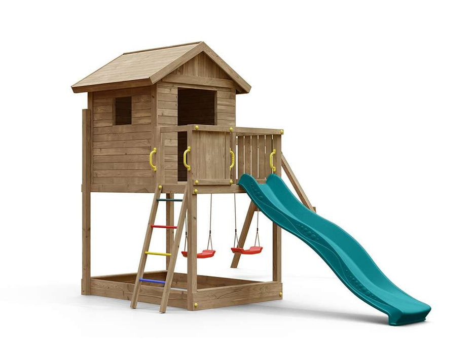 Torre da gioco 'UNIVERSE S' incl. doppia altalena e scivolo turchese, 400x489x280 cm (LxPxA)