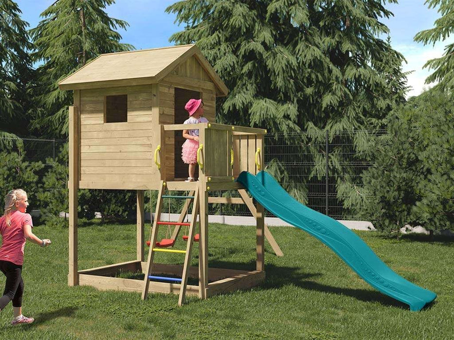 Torre da gioco 'UNIVERSE S' incl. doppia altalena e scivolo turchese, 400x489x280 cm (LxPxA)