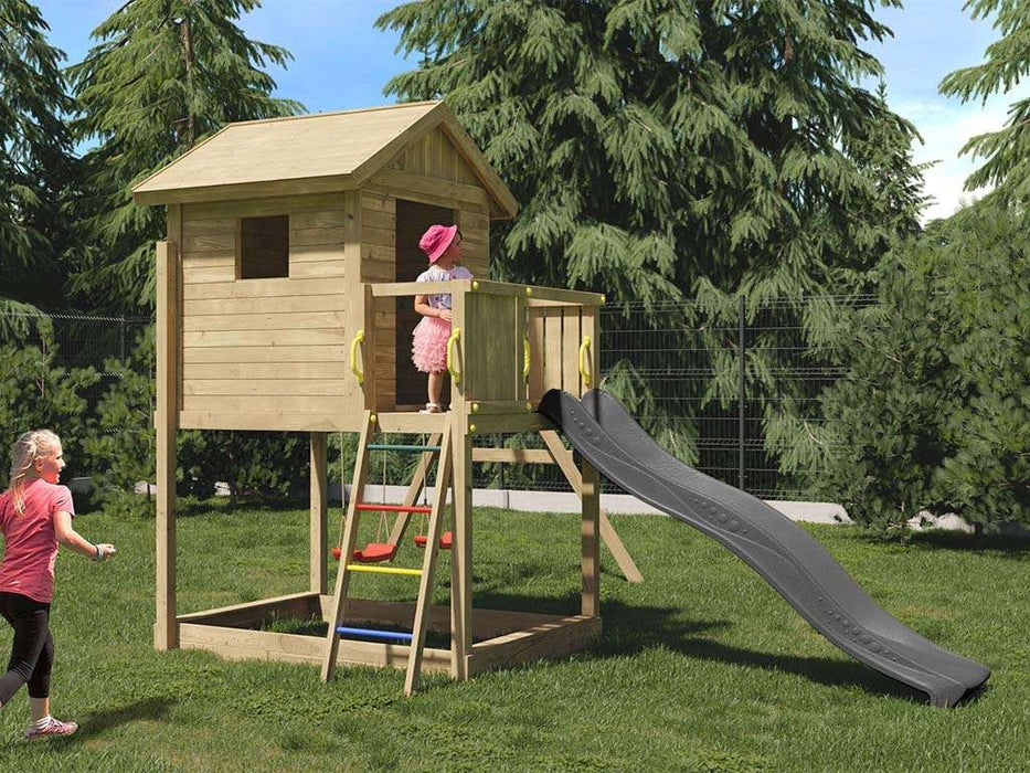 Torre da gioco 'UNIVERSE S' incl. doppia altalena e scivolo grigio, 400x489x280 cm (LxPxA)