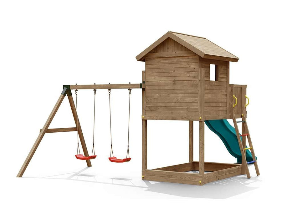 Torre da gioco 'UNIVERSE S' incl. doppia altalena e scivolo turchese, 400x489x280 cm (LxPxA)