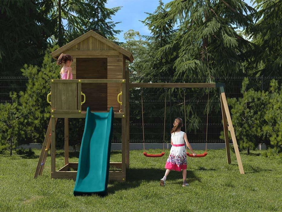 Torre da gioco 'UNIVERSE S' incl. doppia altalena e scivolo turchese, 400x489x280 cm (LxPxA)