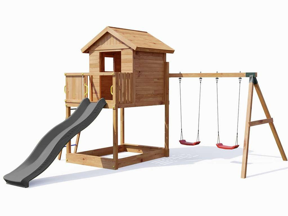 Spielturm 'UNIVERSE S' inkl. Doppelschaukel teakfarben & Rutsche Grau, 400x489x280cm (BxTxH)