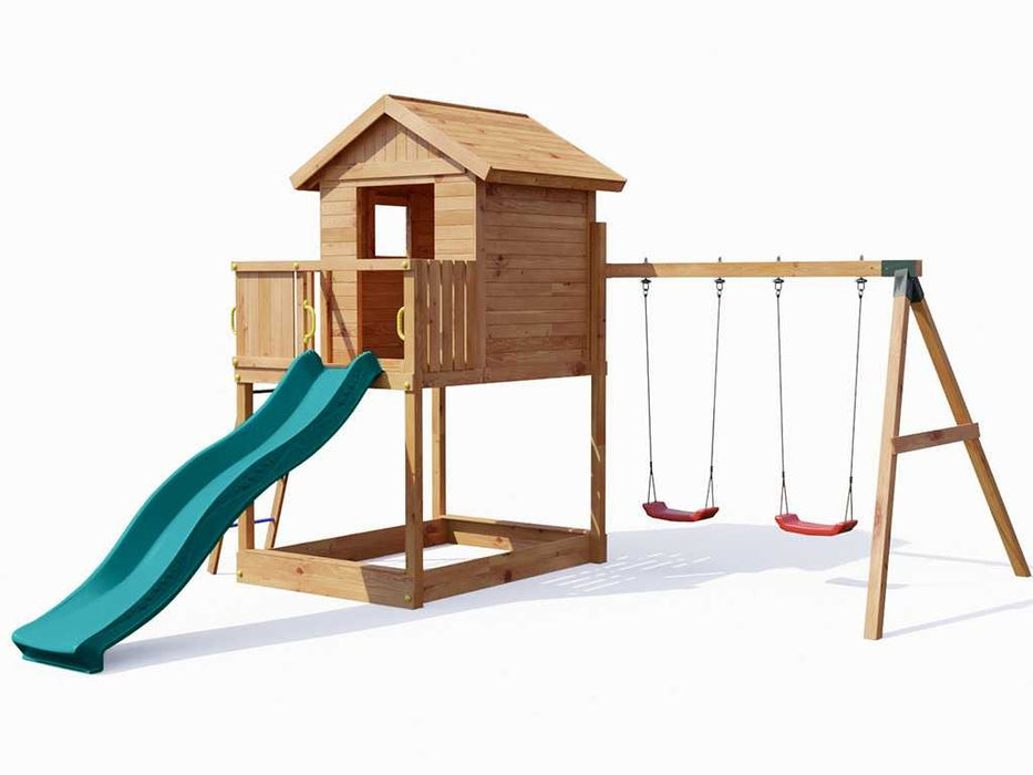 Spielturm 'UNIVERSE S' inkl. Doppelschaukel teakfarben & Rutsche Türkis, 400x489x280cm (BxTxH)