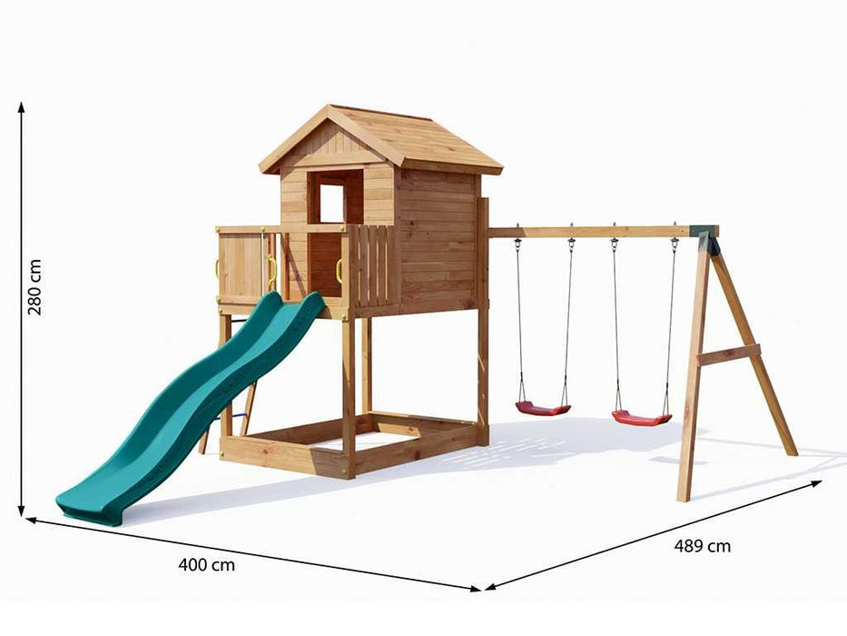 Spielturm 'UNIVERSE S' inkl. Doppelschaukel teakfarben & Rutsche Türkis, 400x489x280cm (BxTxH)