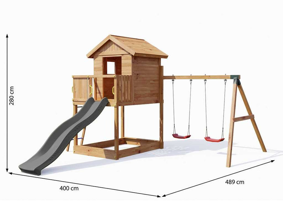Spielturm 'UNIVERSE S' inkl. Doppelschaukel teakfarben & Rutsche Grau, 400x489x280cm (BxTxH)