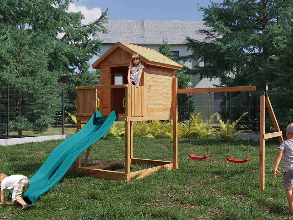 Spielturm 'UNIVERSE S' inkl. Doppelschaukel teakfarben & Rutsche Türkis, 400x489x280cm (BxTxH)