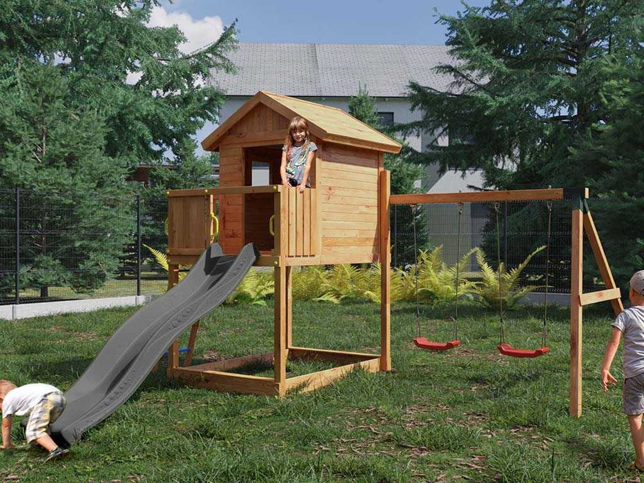 Spielturm 'UNIVERSE S' inkl. Doppelschaukel teakfarben & Rutsche Grau, 400x489x280cm (BxTxH)