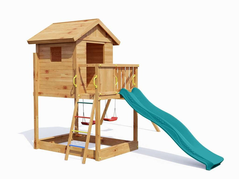 Spielturm 'UNIVERSE S' inkl. Doppelschaukel teakfarben & Rutsche Türkis, 400x489x280cm (BxTxH)