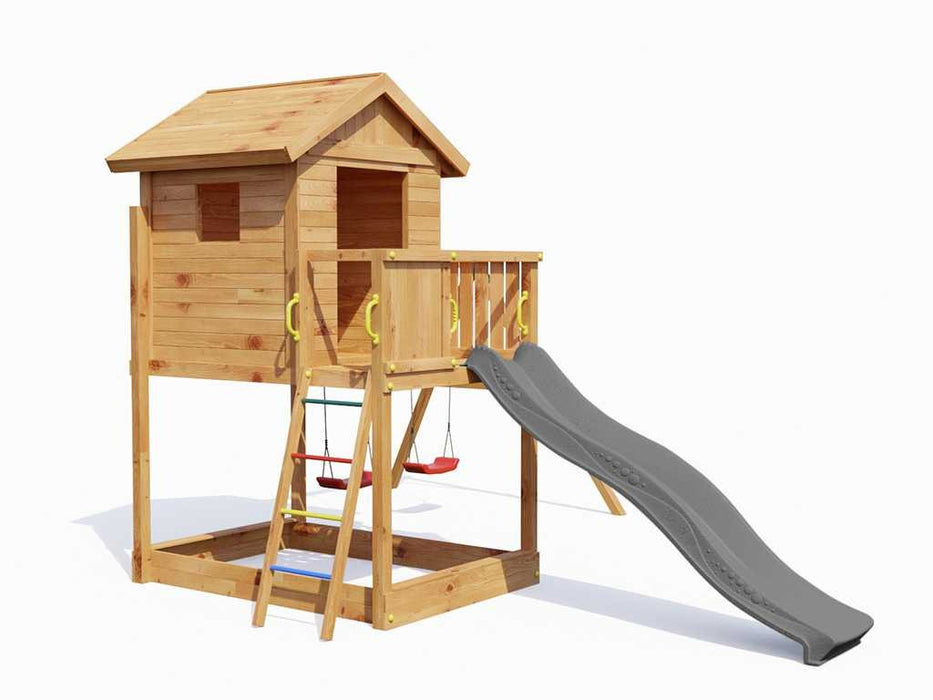 Spielturm 'UNIVERSE S' inkl. Doppelschaukel teakfarben & Rutsche Grau, 400x489x280cm (BxTxH)